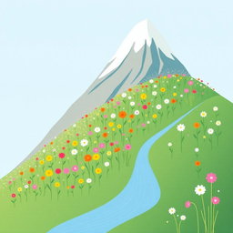 In spring, one side of a majestic mountain is adorned with an array of colorful blooming flowers, showcasing an enchanting display of hues such as pinks, yellows, and whites