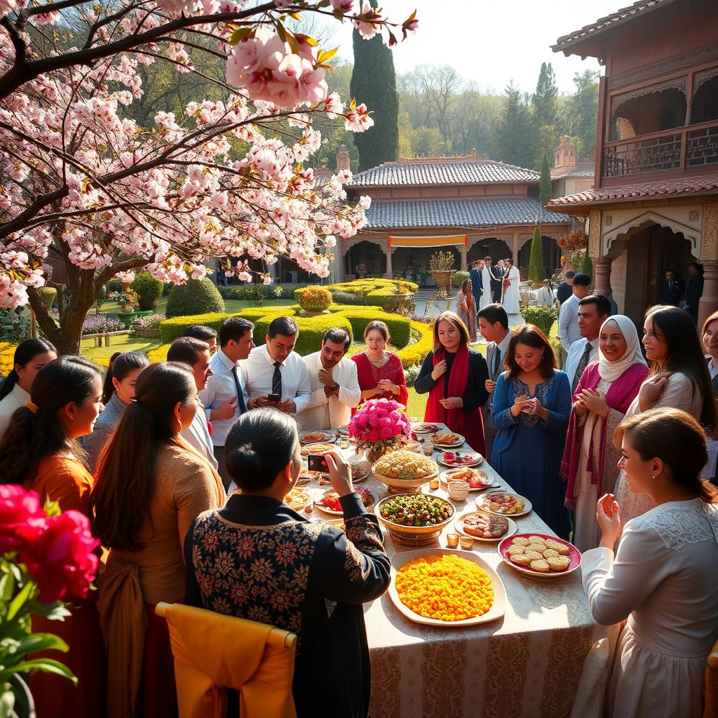 A vibrant celebration of Nowruz, the ancient Persian New Year, depicting a beautiful scene filled with blooming flowers, traditional Haft-Seen table setting, colorful decorations, and joyful families engaging in cultural festivities