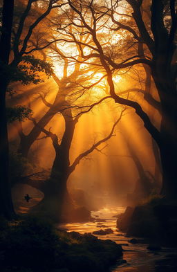 A mysterious and enchanting forest bathed in the golden light of a setting sun, filled with ancient trees that seem to whisper the secrets of the past