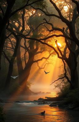 A mysterious and enchanting forest bathed in the golden light of a setting sun, filled with ancient trees that seem to whisper the secrets of the past
