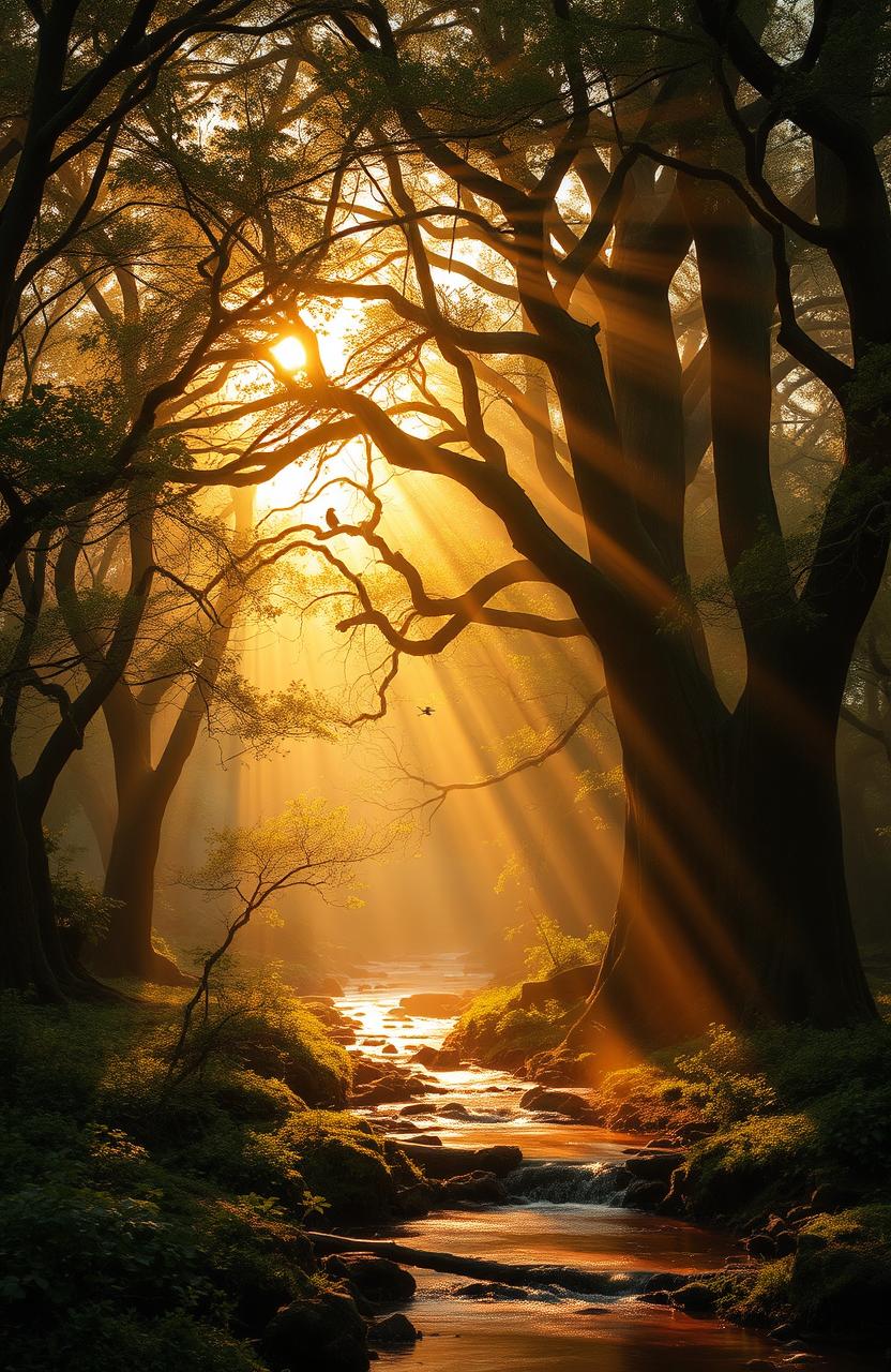 A mysterious and enchanting forest bathed in the golden light of a setting sun, filled with ancient trees that seem to whisper the secrets of the past