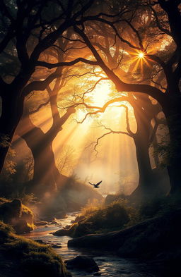 A mysterious and enchanting forest bathed in the golden light of a setting sun, filled with ancient trees that seem to whisper the secrets of the past