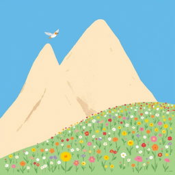 In spring, a small bird gracefully flies over a tall mountain, its wings spread wide against the bright blue sky