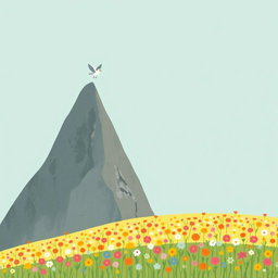 In spring, a small bird gracefully flies over a tall mountain, its wings spread wide against the bright blue sky