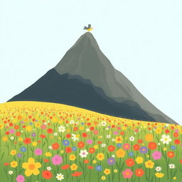 In spring, a small bird gracefully flies over a tall mountain, its wings spread wide against the bright blue sky