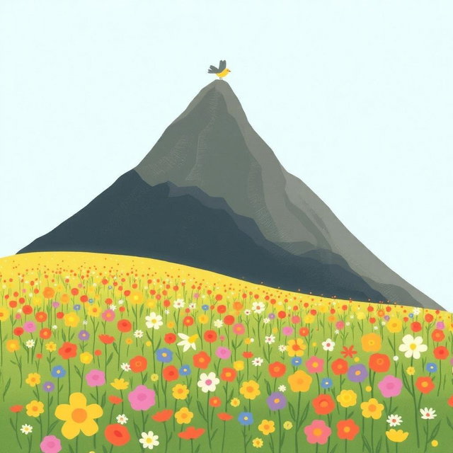 In spring, a small bird gracefully flies over a tall mountain, its wings spread wide against the bright blue sky