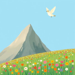In spring, a small bird gracefully flies over a tall mountain, its wings spread wide against the bright blue sky