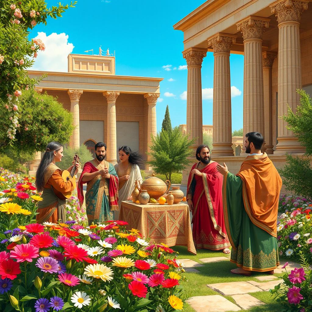 A vibrant and historical representation of the ancient Persian celebration of Nowruz during the Achaemenid era