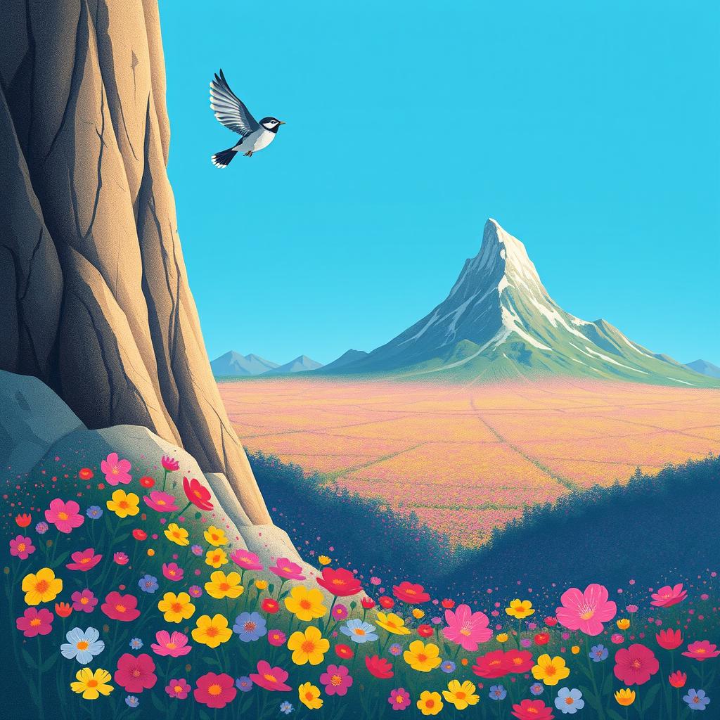 In spring, a small bird joyfully flies over a towering mountain, its wings elegantly spread against a bright cerulean sky