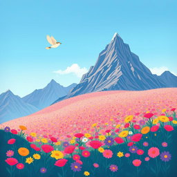 In spring, a small bird joyfully flies over a towering mountain, its wings elegantly spread against a bright cerulean sky