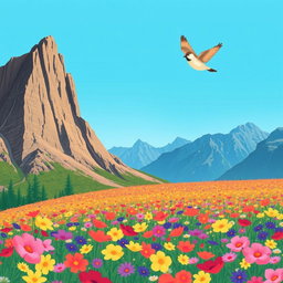 In spring, a small bird joyfully flies over a towering mountain, its wings elegantly spread against a bright cerulean sky