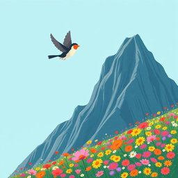 In spring, a small bird joyfully flies over a towering mountain, its wings elegantly spread against a bright cerulean sky