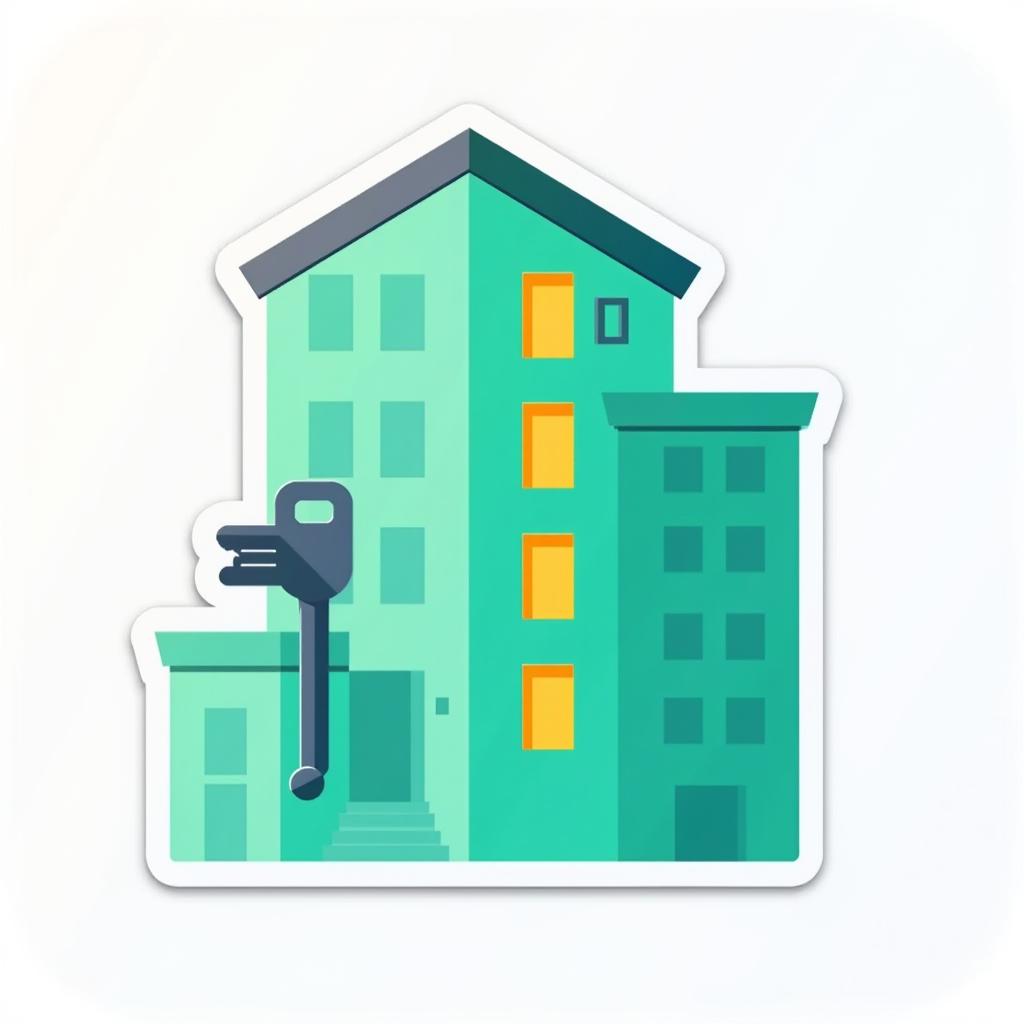 A distinctive and recognizable icon representing property management software, showcasing a stylized apartment building with a unique roofline and a playful smile