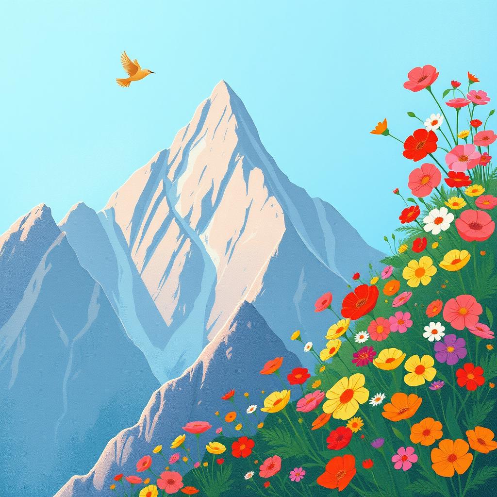 In spring, a small bird soars gracefully over a towering mountain, its wings outstretched against the clear blue sky