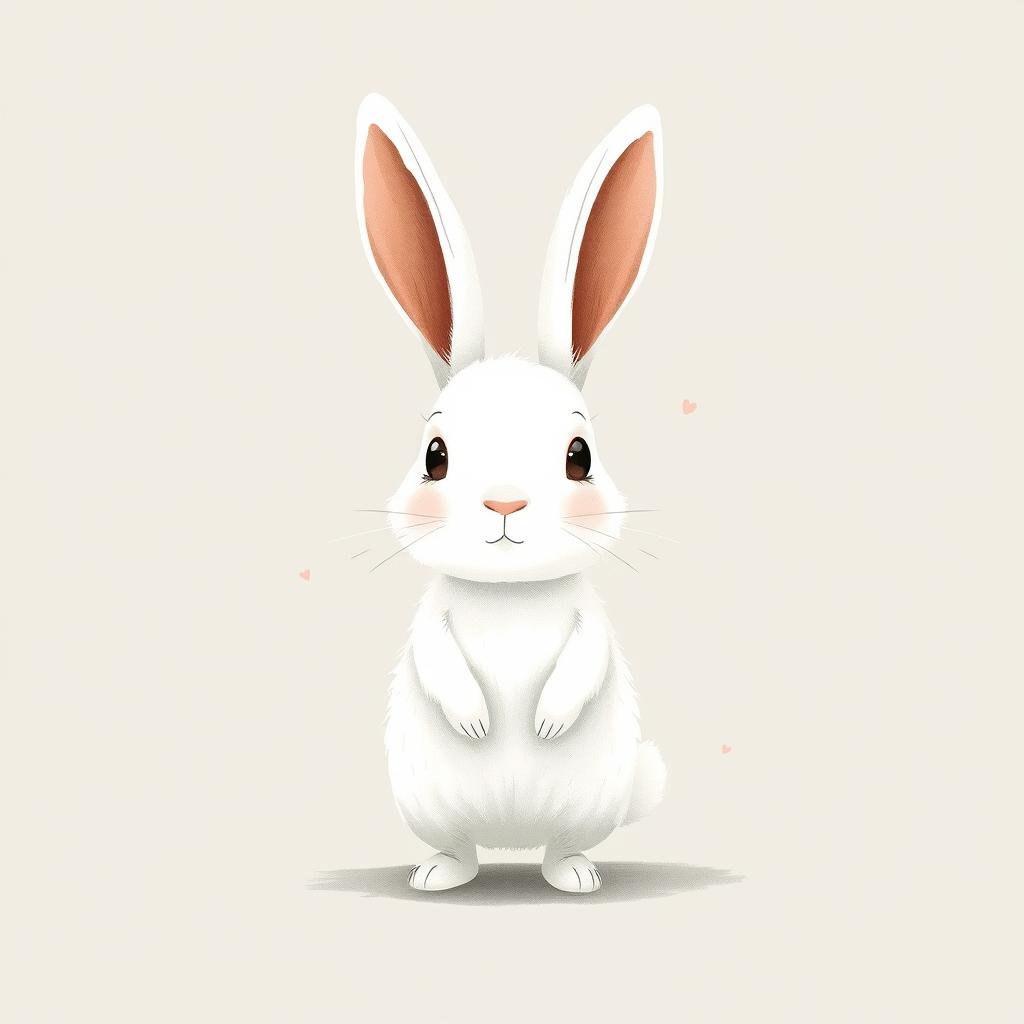 A cute little white rabbit stands adorably still, its big ears perked up and eyes wide with wonder