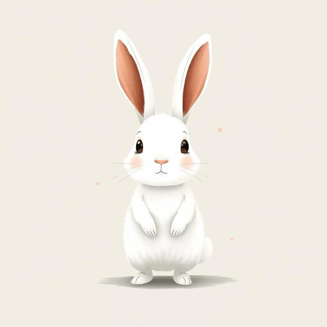 A cute little white rabbit stands adorably still, its big ears perked up and eyes wide with wonder