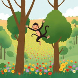 A playful little monkey leaps joyfully between the trees in a lush forest, showcasing its playful spirit and acrobatic agility
