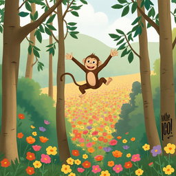 A playful little monkey leaps joyfully between the trees in a lush forest, showcasing its playful spirit and acrobatic agility
