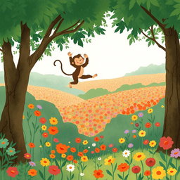 A playful little monkey leaps joyfully between the trees in a lush forest, showcasing its playful spirit and acrobatic agility