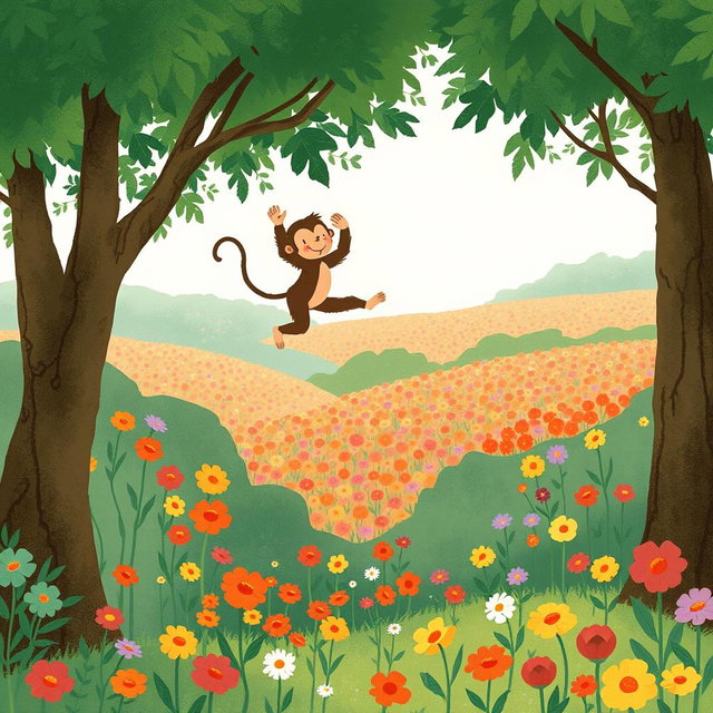 A playful little monkey leaps joyfully between the trees in a lush forest, showcasing its playful spirit and acrobatic agility