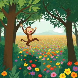 A playful little monkey leaps joyfully between the trees in a lush forest, showcasing its playful spirit and acrobatic agility