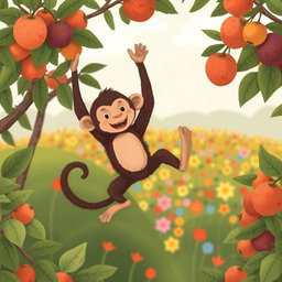 A cute brown monkey playfully leaps between fruit trees, showcasing its energetic spirit and joyful antics