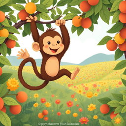 A cute brown monkey playfully leaps between fruit trees, showcasing its energetic spirit and joyful antics