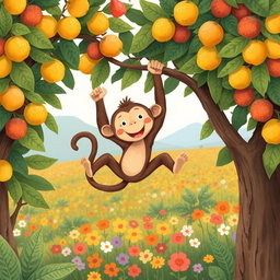 A cute brown monkey playfully leaps between fruit trees, showcasing its energetic spirit and joyful antics