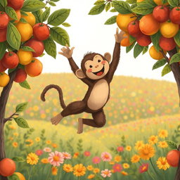 A cute brown monkey playfully leaps between fruit trees, showcasing its energetic spirit and joyful antics