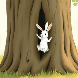 A determined little white rabbit is seen struggling to climb a large tree, its tiny paws gripping the rough bark as it attempts to ascend