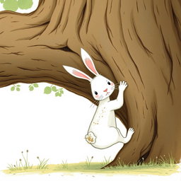 A determined little white rabbit is seen struggling to climb a large tree, its tiny paws gripping the rough bark as it attempts to ascend