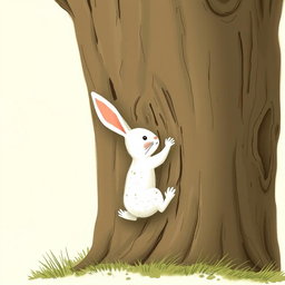 A determined little white rabbit is seen struggling to climb a large tree, its tiny paws gripping the rough bark as it attempts to ascend