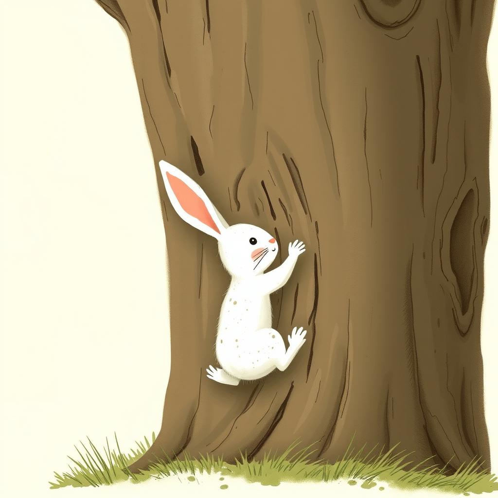 A determined little white rabbit is seen struggling to climb a large tree, its tiny paws gripping the rough bark as it attempts to ascend