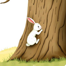 A determined little white rabbit is seen struggling to climb a large tree, its tiny paws gripping the rough bark as it attempts to ascend