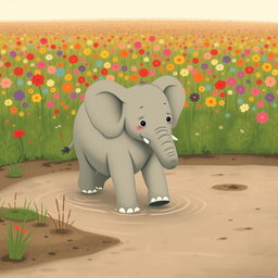A cute, friendly elephant is seen walking through a marshy area, its large feet gently squishing in the soft, muddy ground