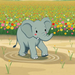 A cute, friendly elephant is seen walking through a marshy area, its large feet gently squishing in the soft, muddy ground