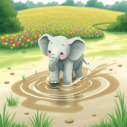 A cute, cheerful elephant is walking through a marshy area, making its way towards a vast field of colorful flowers in the distance