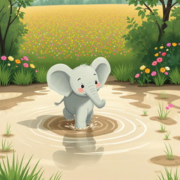 A cute, cheerful elephant is walking through a marshy area, making its way towards a vast field of colorful flowers in the distance