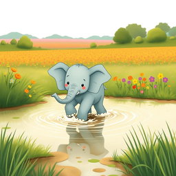 A cute, cheerful elephant is walking through a marshy area, making its way towards a vast field of colorful flowers in the distance