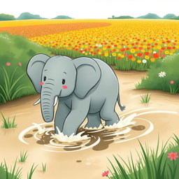 A cute, cheerful elephant is walking through a marshy area, making its way towards a vast field of colorful flowers in the distance