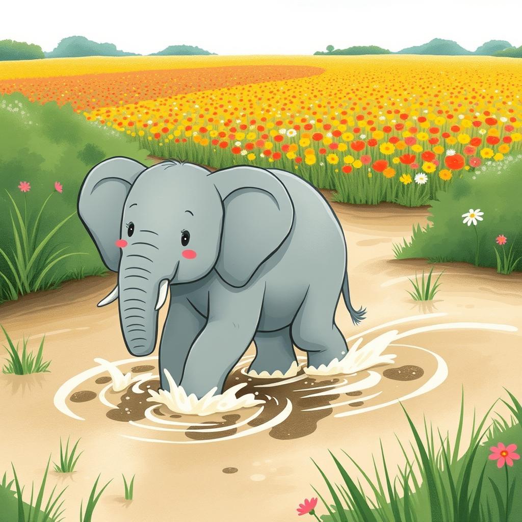 A cute, cheerful elephant is walking through a marshy area, making its way towards a vast field of colorful flowers in the distance