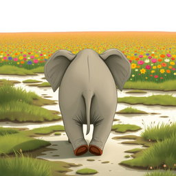 A cute, adorable elephant is seen from behind, walking through a marshy area towards a vast field of colorful flowers in the distance