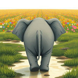 A cute, adorable elephant is seen from behind, walking through a marshy area towards a vast field of colorful flowers in the distance