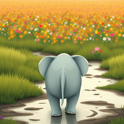A cute, adorable elephant is seen from behind, walking through a marshy area towards a vast field of colorful flowers in the distance