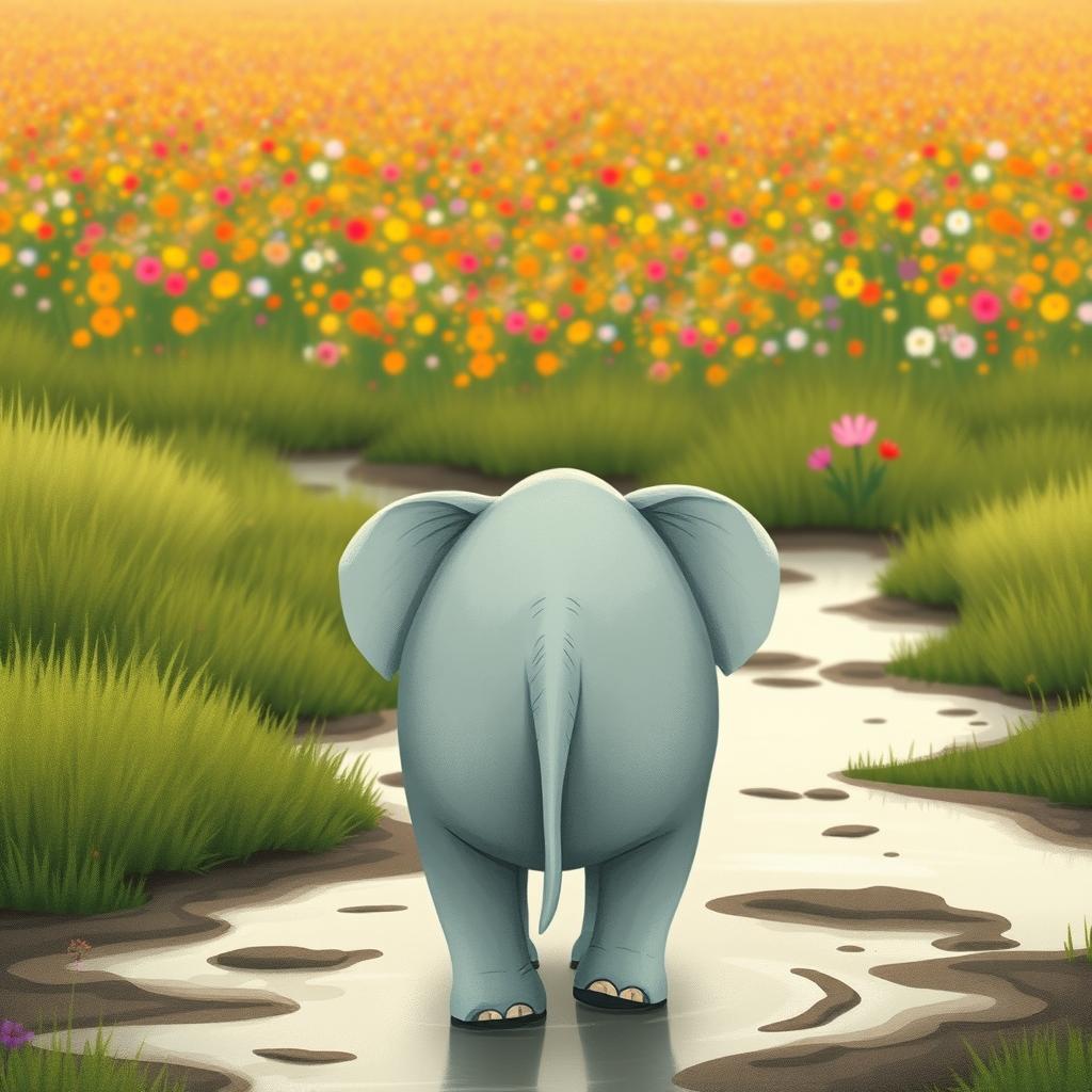 A cute, adorable elephant is seen from behind, walking through a marshy area towards a vast field of colorful flowers in the distance