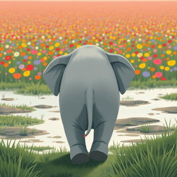A cute, adorable elephant is seen from behind, walking through a marshy area towards a vast field of colorful flowers in the distance