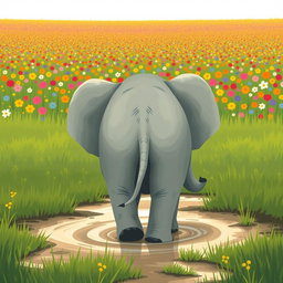 A cute, adorable elephant is depicted from behind, walking through a marshy area towards a vast field of colorful flowers in the distance