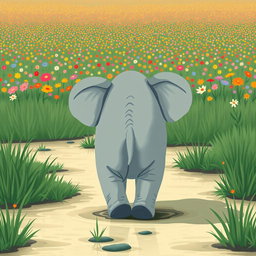 A cute, adorable elephant is depicted from behind, walking through a marshy area towards a vast field of colorful flowers in the distance