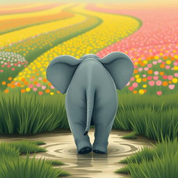 A cute, adorable elephant is depicted from behind, walking through a marshy area towards a vast field of colorful flowers in the distance