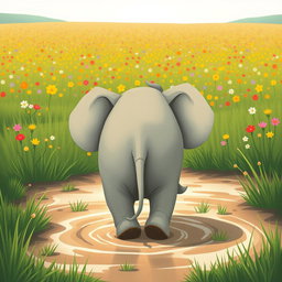 A cute, adorable elephant is depicted from behind, walking through a marshy area towards a vast field of colorful flowers in the distance